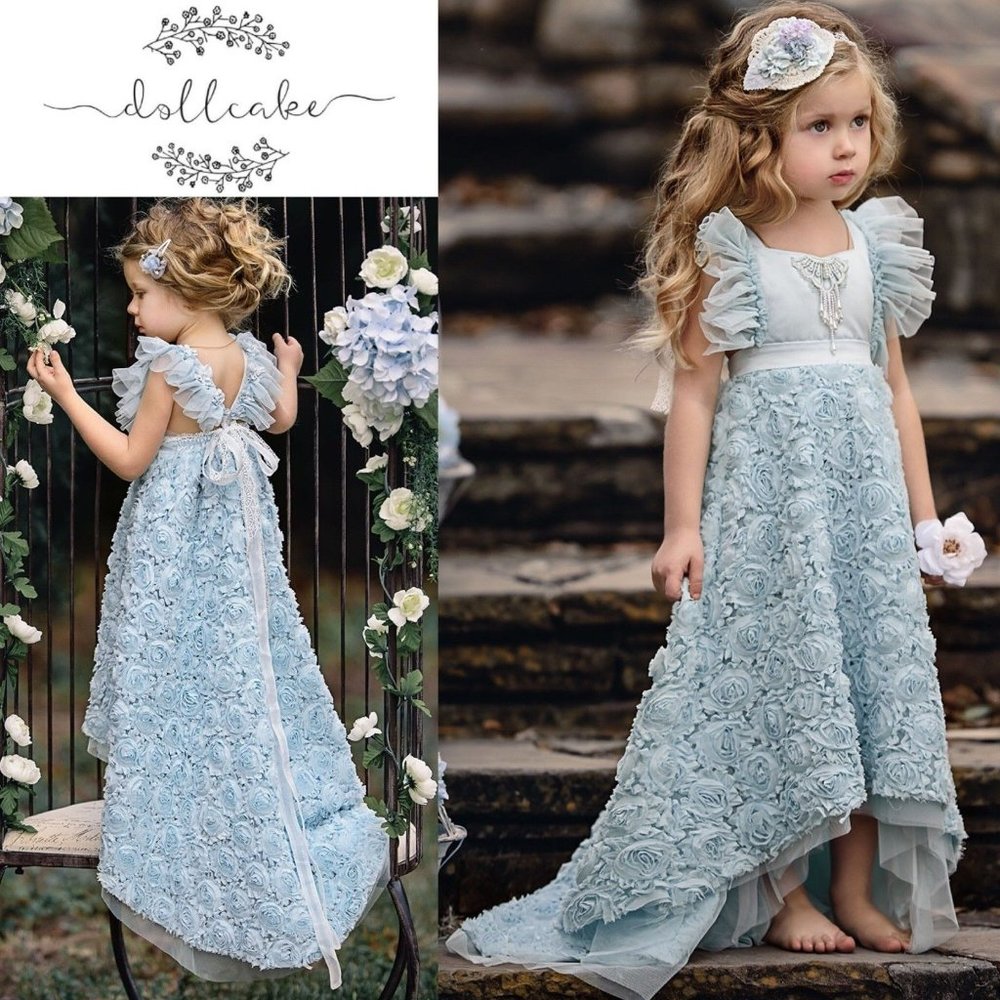 Dollcake Blue Rosette Beaded Dress Frock Gown Dress w Headband Girls EUC sz 3